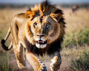 Fototapeta premium Aggressive lion in the savanna, close-up, aggressive pose, blurred foreground and background.