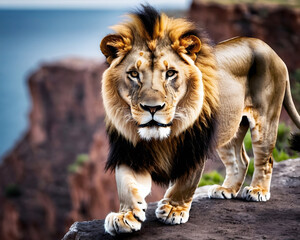 Obraz premium Aggressive lion in the savanna, close-up, aggressive pose, blurred foreground and background.