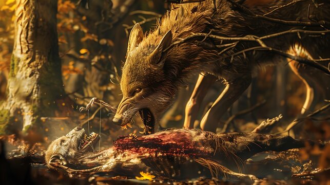 A dangerous animal are eating the dead animal very detailed and realistic shape