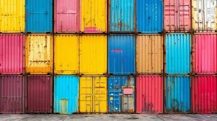 Fototapeta premium Multicolored cargo containers stacked high, symbolizing global sea freight and logistics, raw texture, bustling port background