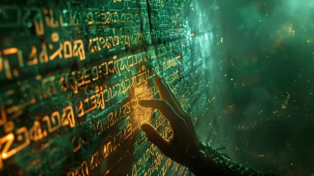 Hand touching the shining yellow code on the ancient glyph wall