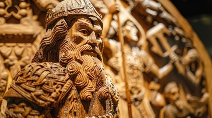 A wooden statue of a man with a beard and a crown generated by AI