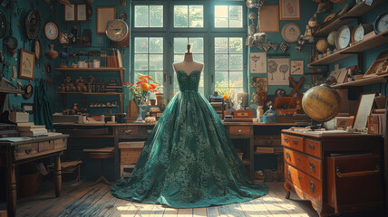 a beautiful green velvet dress on an old fashioned dressmaker's dummy, in a brightly lit office,...