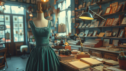 a beautiful green velvet dress on an old fashioned dressmaker's dummy, in a brightly lit office,...