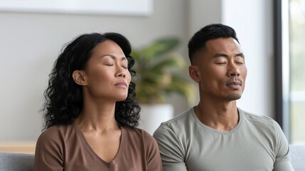 Fototapeta premium a couple sitting on a sofa in a counseling room, side by side with their eyes closed, in a counseling center