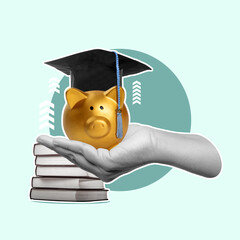 A human hand showing a piggy bank with a graduation hat and a stack of books