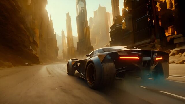 Futuristic cars speed through canyon city