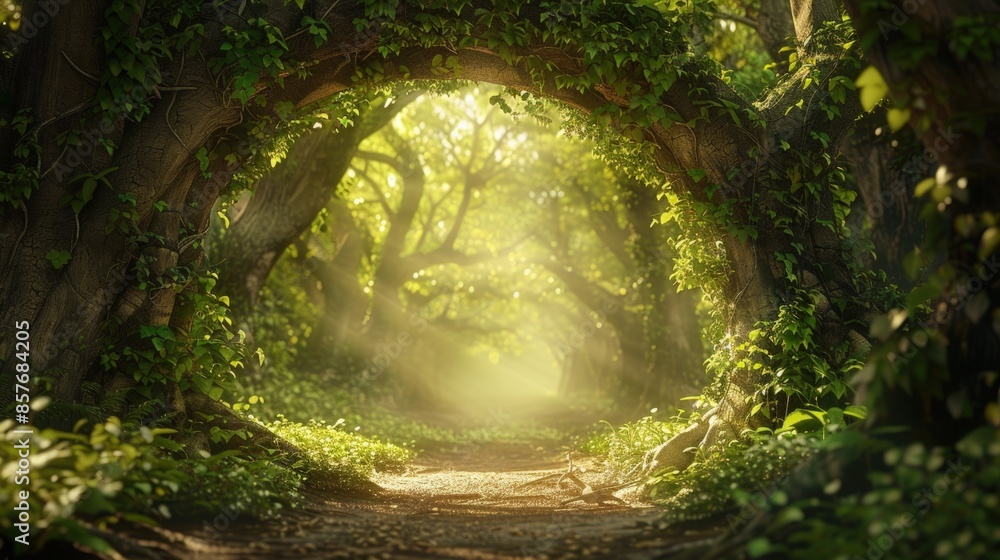 Poster a forest path with a tree trunk in the middle. generate ai image