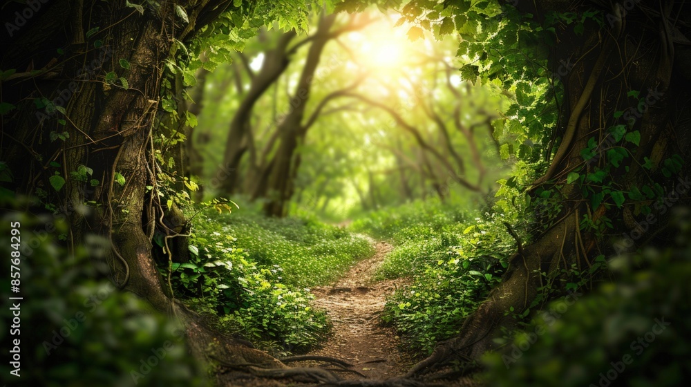 Poster a forest path with a tree trunk in the middle. generate ai image