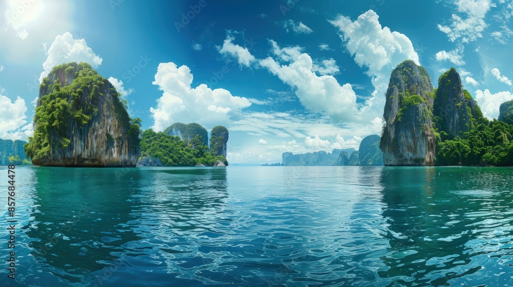 Poster a beautiful view of a lake with a rock in the middle. generate ai image