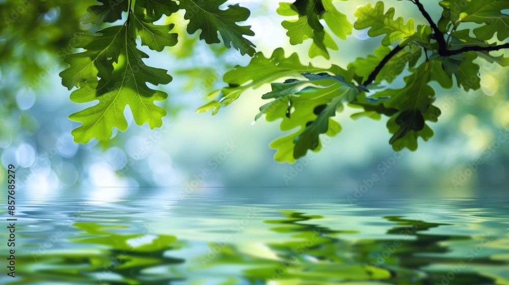 Poster a leafy tree branch is reflected in the water. generate ai image