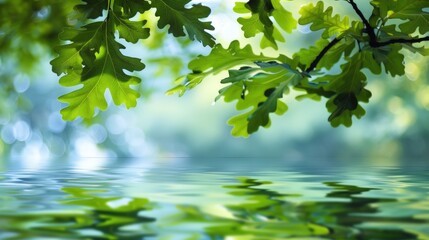 Obraz premium A leafy tree branch is reflected in the water. Generate AI image