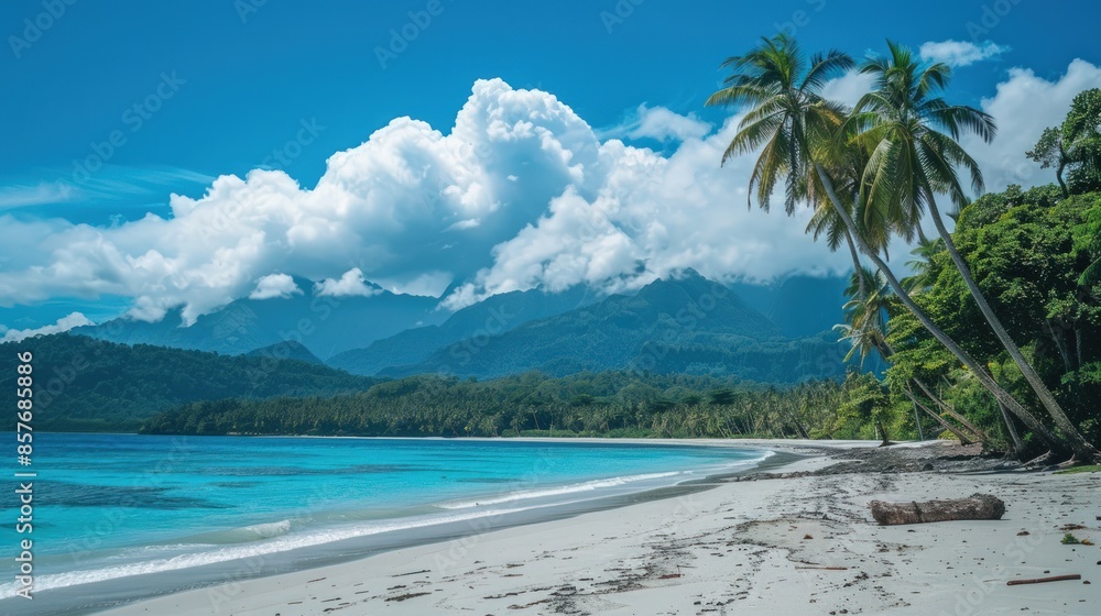 Aufkleber a beautiful beach with a palm tree in the foreground. generate ai image