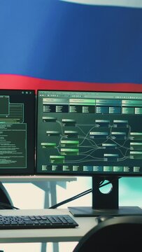 Vertical Video Empty autocracy cyber defense room with Russian flag running on big screen, showcasing the threat of cyberterrorism and propaganda. Activities of Russian hackers to spread fake news