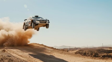 Rally racing car on dirt track, in the desert, extreme sport activities theme, created with generative ai