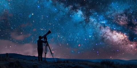 A person is looking through a telescope at the stars generated by AI