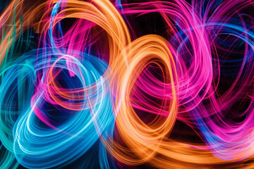 Long-exposure light trails in different colors forming dynamic patterns, symbolizing the movement and flow of ideas. 