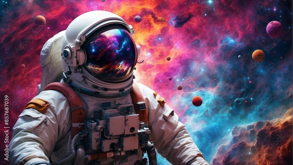 Poster an astronaut in a spacesuit with a reflection of a nebula on his helmet visor. ai.