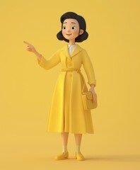 3D illustration of a woman wearing a yellow coat and holding a purse, pointing to the left. AI.