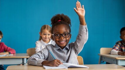 Elementary School Student Raising Hand: An elementary school student raising hand in class, eager to participate.
