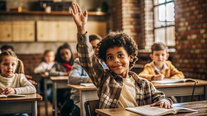 Elementary School Student Raising Hand: An elementary school student raising hand in class, eager to participate.

