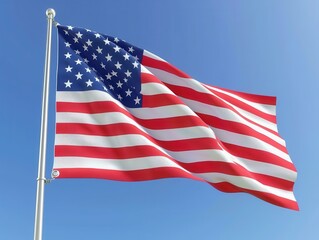 Obraz premium A detailed flag of the United States waving against a bright blue sky with scattered clouds.