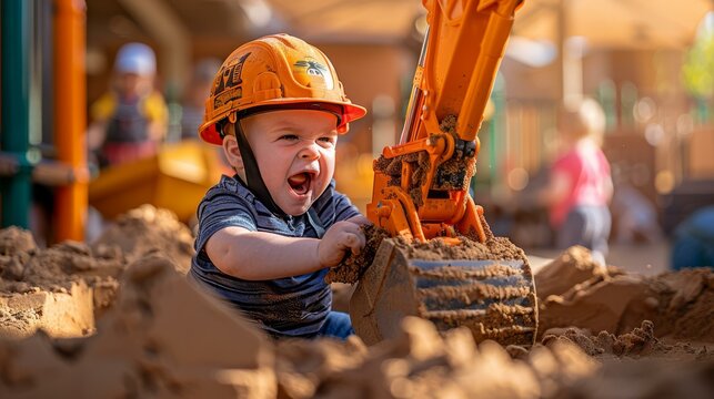 Adorable toddler in hard hat playing in sandbox with toy excavator. AI.