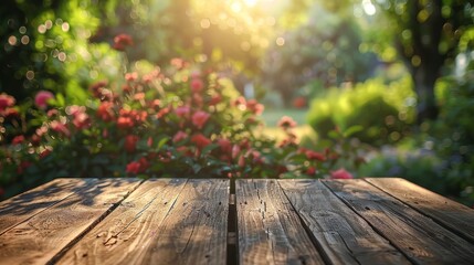 Beautiful blurred background, an empty wooden table in the garden with sunlight and bokeh effect of light