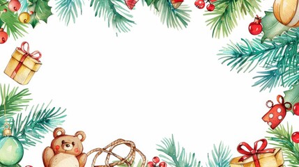 Festive watercolor Christmas frame with gifts, teddy bear, and pine branches