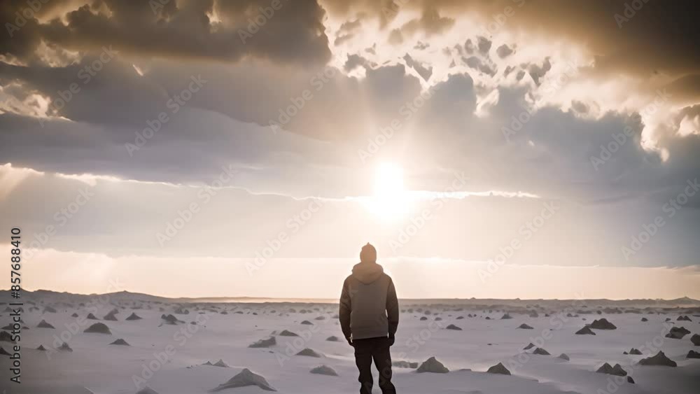 Poster man standing in a desert at sunset generative ai