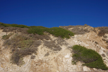Coastal bluffs under blue sky in Santa Barbara seen from the beach