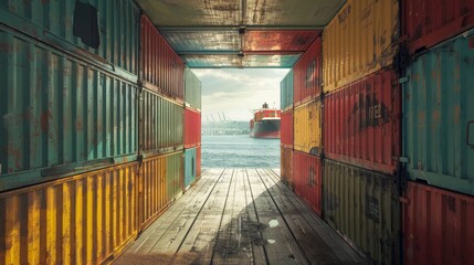 Fototapeta premium Containers boxes in a long warehouse tunnel, with a cargo freight ship ready for export, logistics focus, raw and detailed