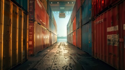 Fototapeta premium Containers boxes in a long warehouse tunnel, with a cargo freight ship ready for export, logistics focus, raw and detailed