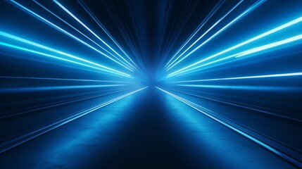 neon blue lights with moving along dark tunnel illuminated