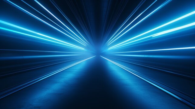 Fototapeta neon blue lights with moving along dark tunnel illuminated