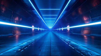 neon blue lights with moving along dark tunnel illuminated
