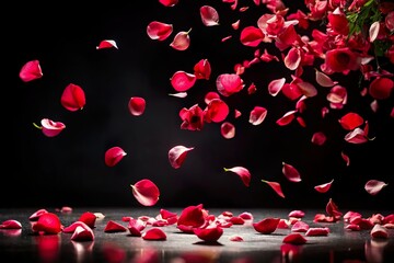 rose petals fall on the ground on black background. Love  and romance theme