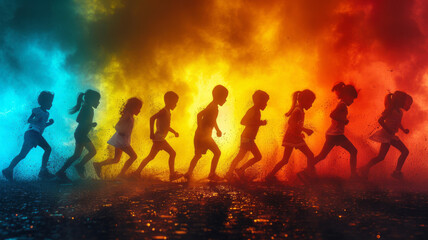 Fototapeta premium Collage. Children, boys and girls training, practicing different kind of sports over multicolored background in neon light.genearive ai