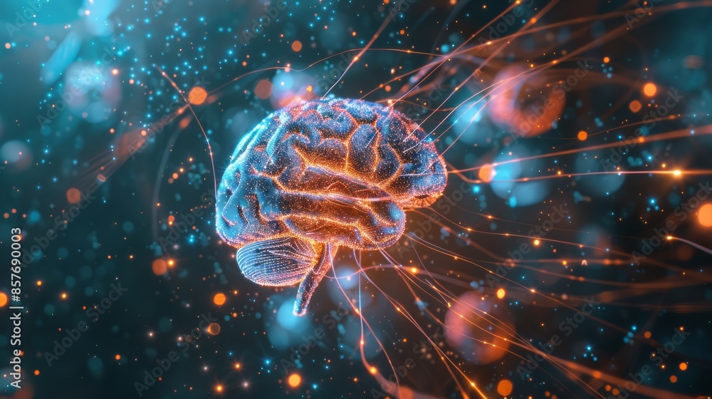 Poster digital background or science concept,digital brain big data. flying inside on black background.