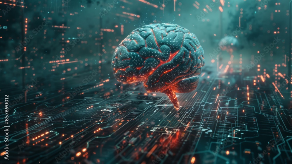 Poster digital background or science concept,digital brain big data. flying inside on black background.