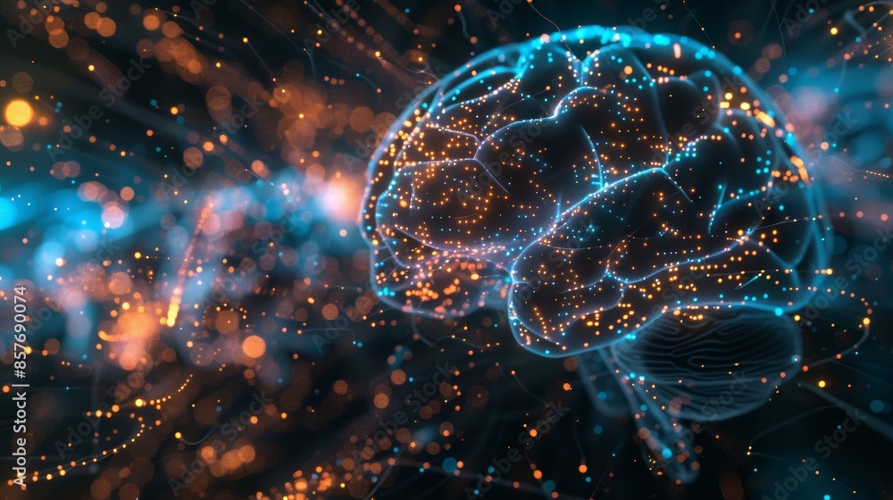 Poster digital background or science concept,digital brain big data. flying inside on black background.