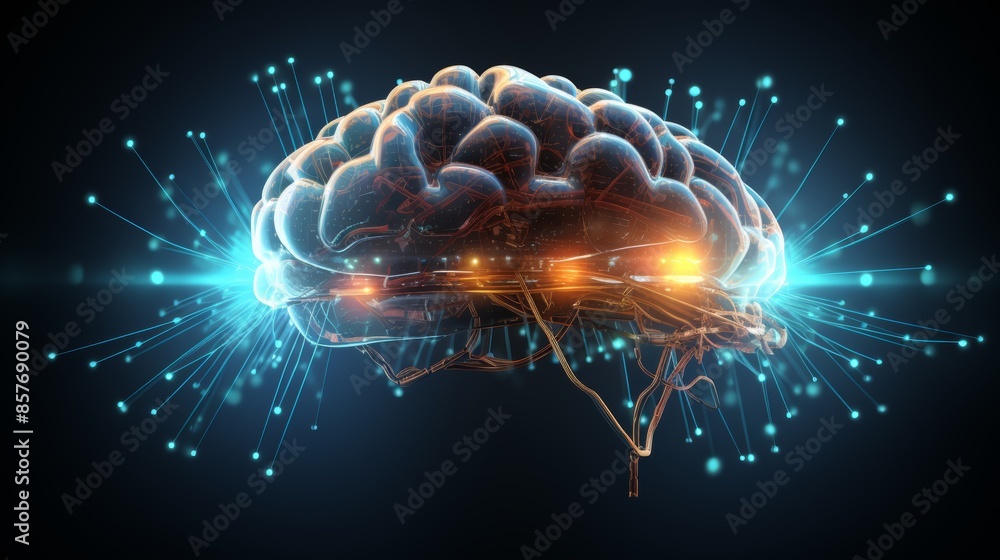 Poster digital background or science concept,digital brain big data. flying inside on black background.