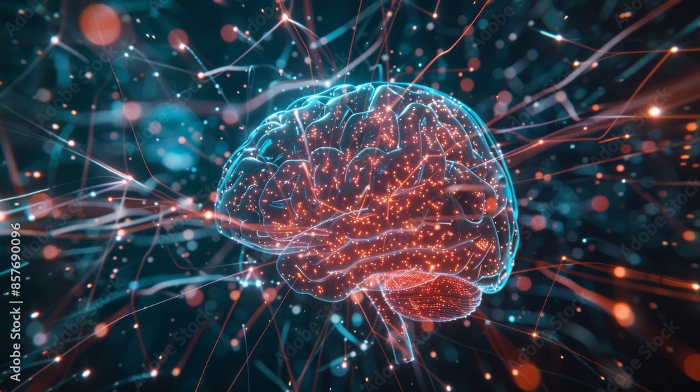 Poster digital background or science concept,digital brain big data. flying inside on black background.