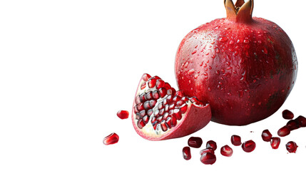 Fresh pomegranate with vibrant red seeds, showcasing its juicy, delicious interior, perfect for healthy snack, isolated on white background.