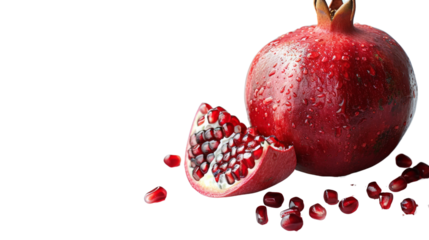 Fresh pomegranate with vibrant red seeds, showcasing its juicy, delicious interior, perfect for healthy snack, isolated on white background.