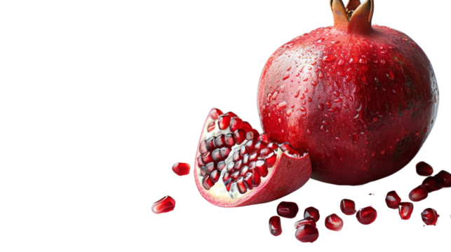 Fresh pomegranate with vibrant red seeds, showcasing its juicy, delicious interior, perfect for healthy snack, isolated on white background.