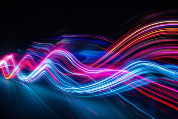 Long-exposure light trails in different colors forming dynamic patterns, symbolizing the movement and flow of ideas. 