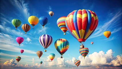Colorful air balloons floating in a clear blue sky, symbolizing love and romance , love, romance, balloons, air, blue sky, colorful, background, peaceful, serene, flying, romantic