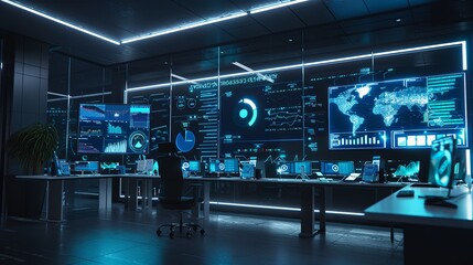 A modern marketers office with large screens displaying AI algorithms analyzing user behavior and optimizing ad campaigns. Generative AI