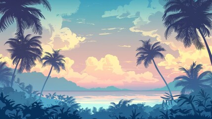 Fototapeta premium The silhouette of palm trees and birds set against a vibrant tropical sunset over the ocean, creating a picturesque and serene coastal scene